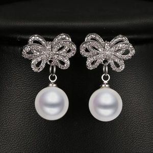 🌟 Sterling Silver Bow Elegant Simulated Pearl Drop Earrings